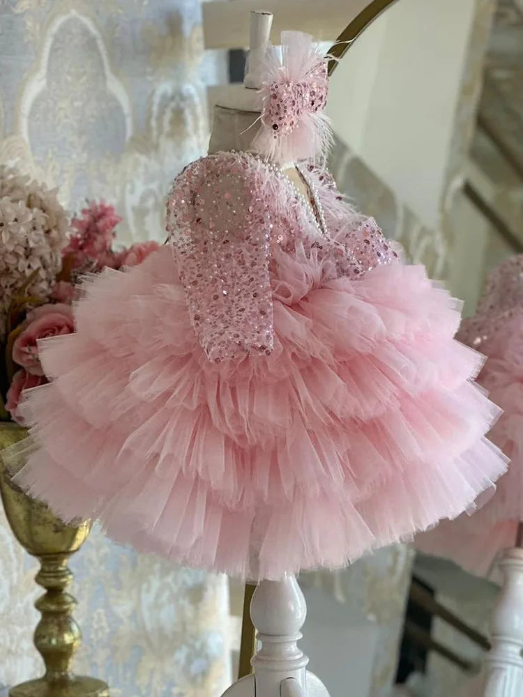 Wunderschönes und elegantes langärmliges Mädchenkleid mit V-Ausschnitt und Pailletten für Kinderklavieraufführungen, Laufsteg-Performance-Mesh-Kuchenkleid
