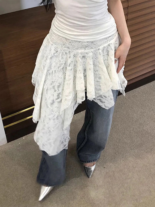 Asymmetrical Lace Skirt Pants Women High Waist Layered Skirt Y2k Japanese Vintage Jacquard Short Skirt 2025 Spring Clothing.