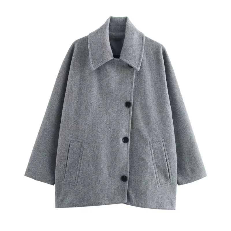 ZBZA Damen Schräge Knopf Lose Fledermausärmel Jacke Mantel Revers Langarm Doppeltasche Warm Solide Farbe Vintage Oberbekleidung Herbst Winter Neue Weibliche Chic Mantel