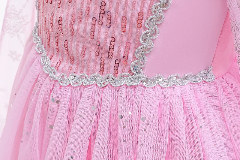Mädchen rosa Pailletten Mesh Prinzessin Kleid, Mesh kurze Ärmel, mit Umhang, geeignet für Party, Tanz, Performance, Karnevals kleid