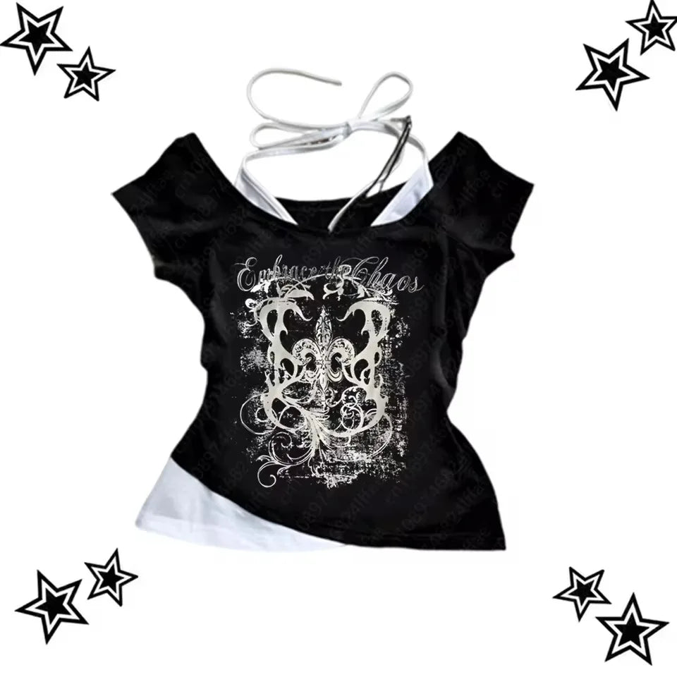 Women's 90s Vintage Punk T-Shirt Summer Streetwear Sexy Short Sleeve Gothic Slim Crop Top Hotgirl Casual Femme Tee Harajuku Y2k.