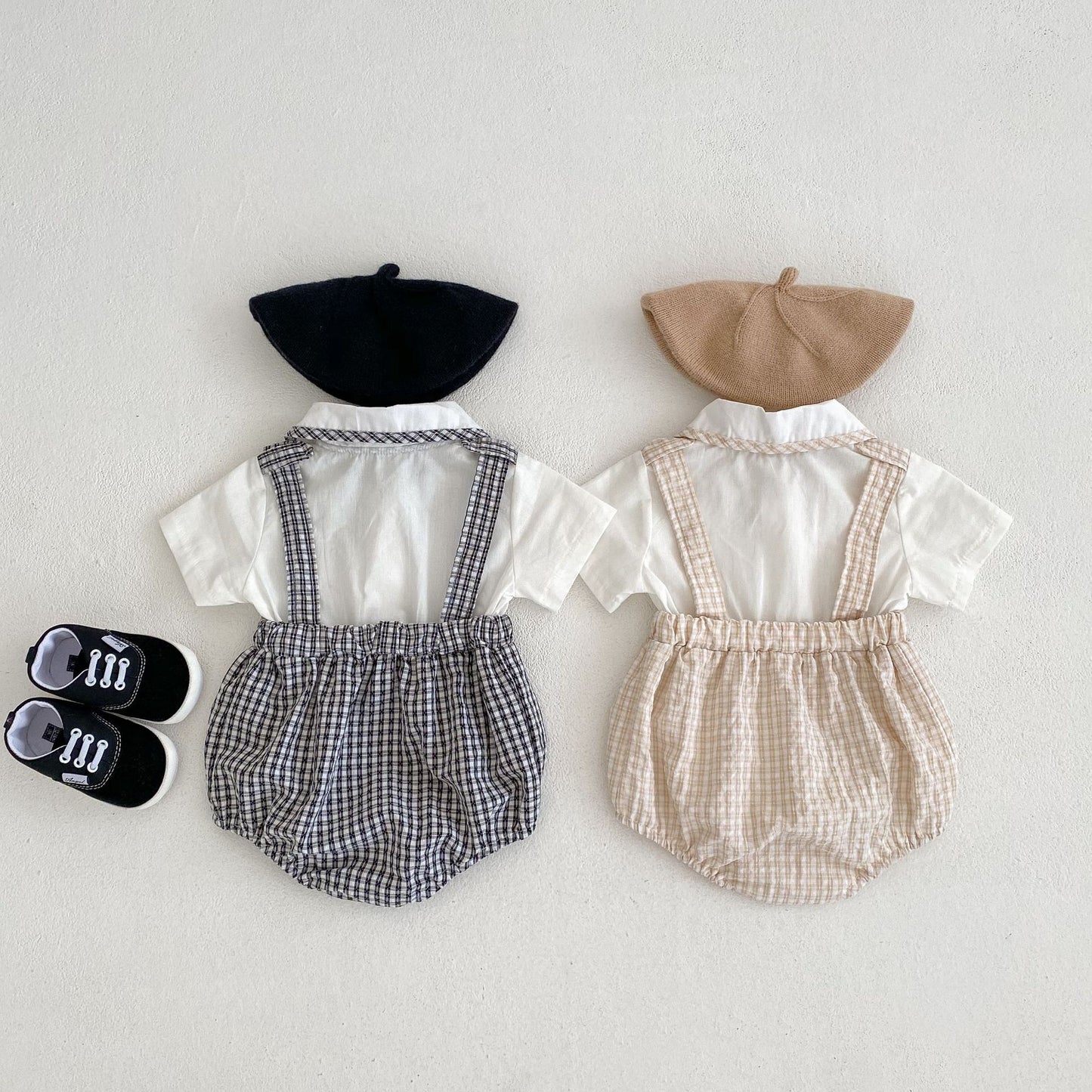 Bodys Sommer Baby und Kinder einteilige Kleidung Puppen hals kurz ärmel ige karierte elastische Bund Dreieck einteiligen Stram pler