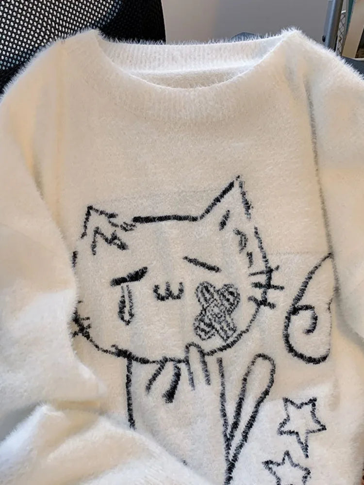 Vintage Preppy Kawaii Cartoon Jacquard Pullover Süße Harajuku Lose Grunge Pullover Y2k Ästhetische Frauen Weiße Gestrickte Pullover