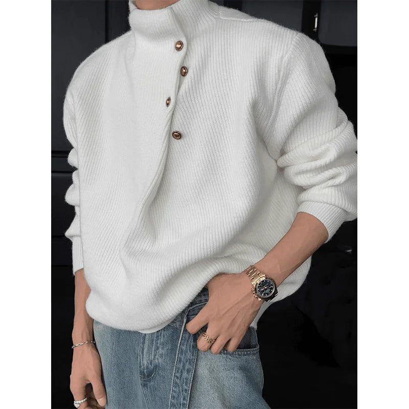 Vintage Trend Casual Autumn Winter New Men Turtleneck Solid Button Fashion Luxury Business Long Sleeve Pullovers Knitted Tops
