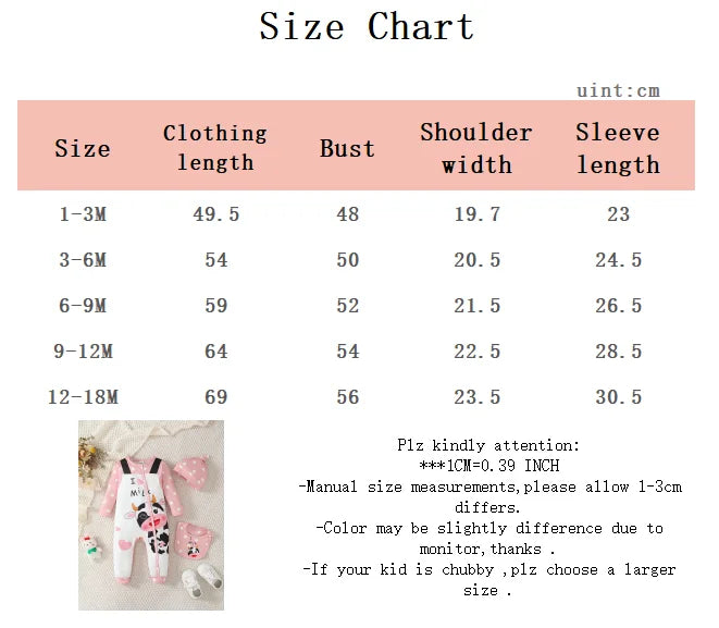 Neuer Baby-Body mit langen Ärmeln, niedliche kleine Kuh, kreisförmige Punkte, Overall + Hut + Drool-Handtuch, 3 Teil/Set, 0–18 Monate Baby-Krabbelanzug.