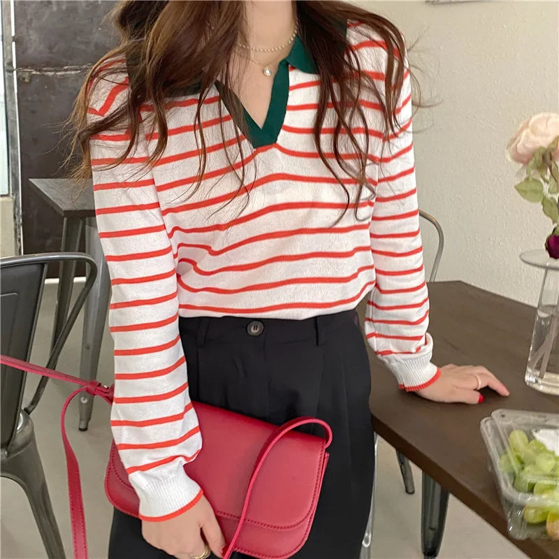 Gestreifter V-Ausschnitt Pullover Polo-Pullover Damen Frühherbst lässig All-Match-Tops Langarm Strick pullover Pullover Pullover