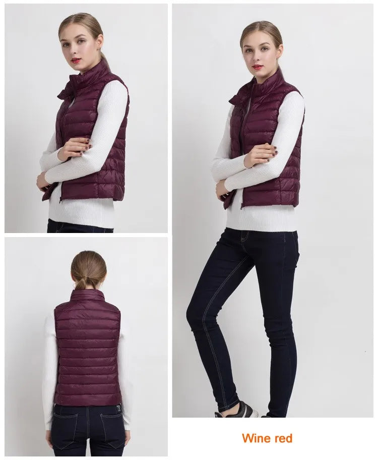 0-10 ℃ Frauen Westen Herbst Winter Ultra Licht Ente Unten Weste Weibliche Dünne Ärmellose Jacke Winddicht Warme Puffer Weste 4XL