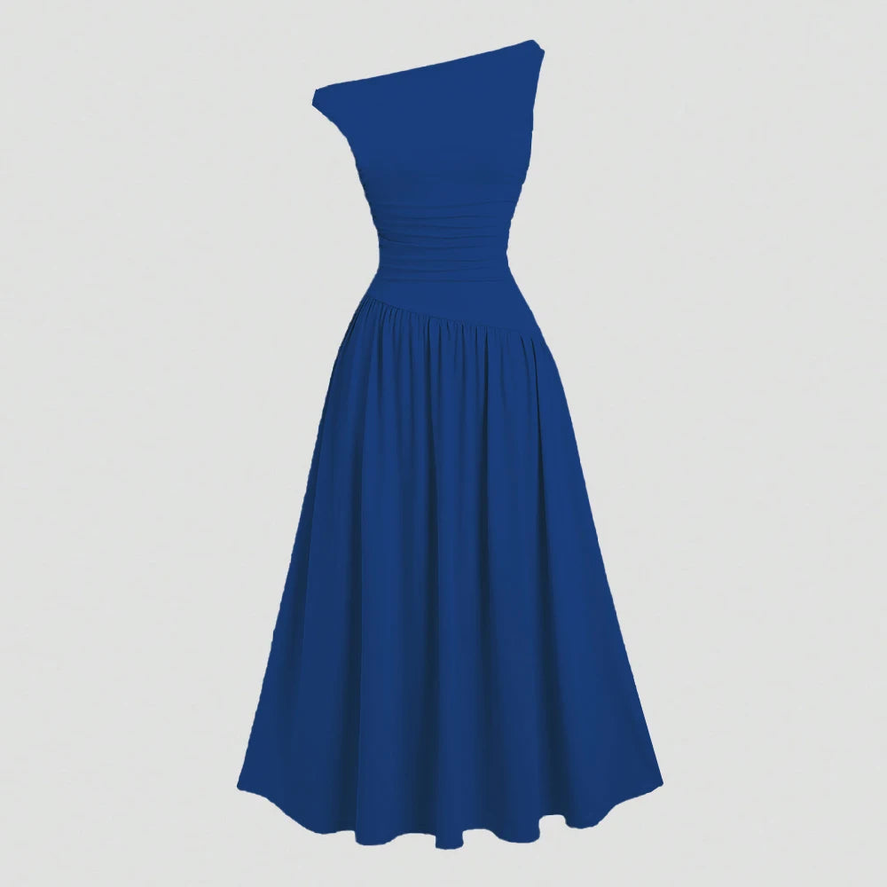 Mia Muse Kleider Sommer Französisch Einfarbig Asymmetrische Falten Ärmellose One-Shoulder Drapierte Midi Basics Kleider Für Frauen