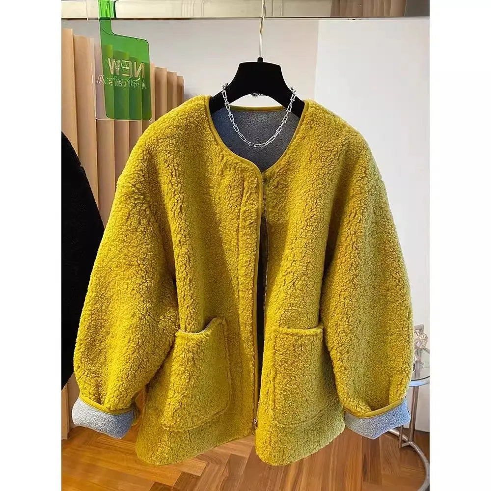 Hochwertige Lammwolljacke für Damen, lockerer warmer Samtmantel, 2025, neuer Frühling und Herbst, große Taschen, modische Oberbekleidung, M-3XL