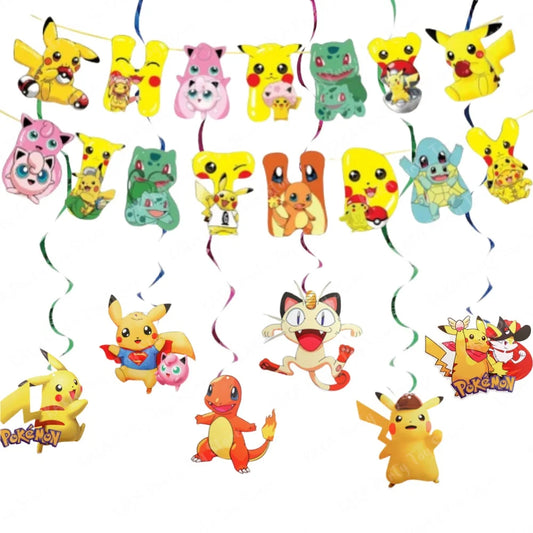 Pokemon-Geburtstagsdekorationsset, Cartoon-Anime-Pikachu-Papierbanner und 6 hängende Wirbel für Kinder, Jungen, Babyparty, Partyzubehör.