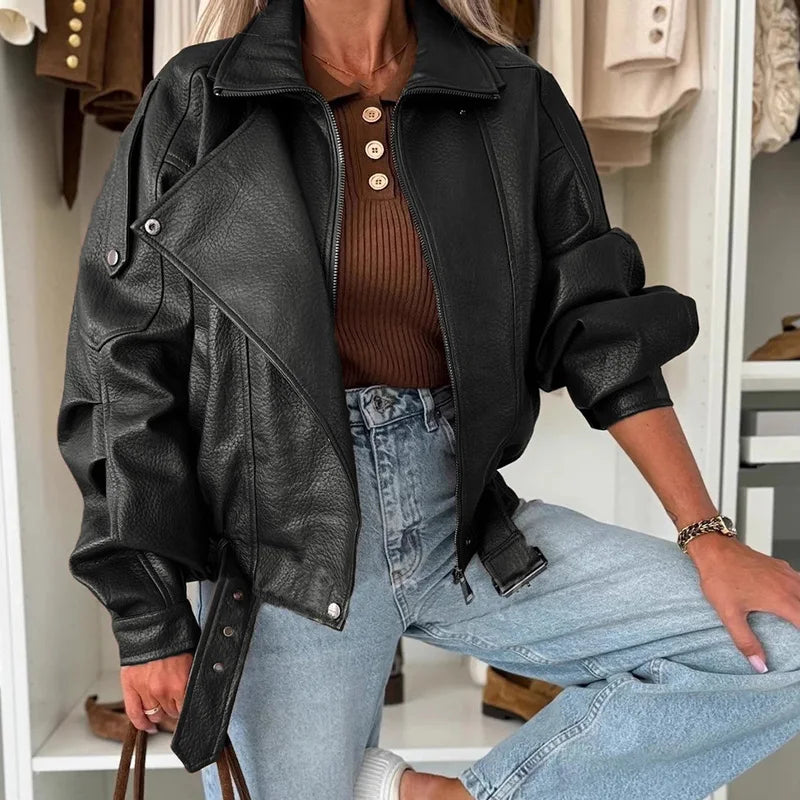Mode Straße Einfarbig Oberbekleidung Kleidung Vintage Büro Lange Ärmeln Frauen Jacke Neue 2025, Herbst Revers Zipper Leder Mantel