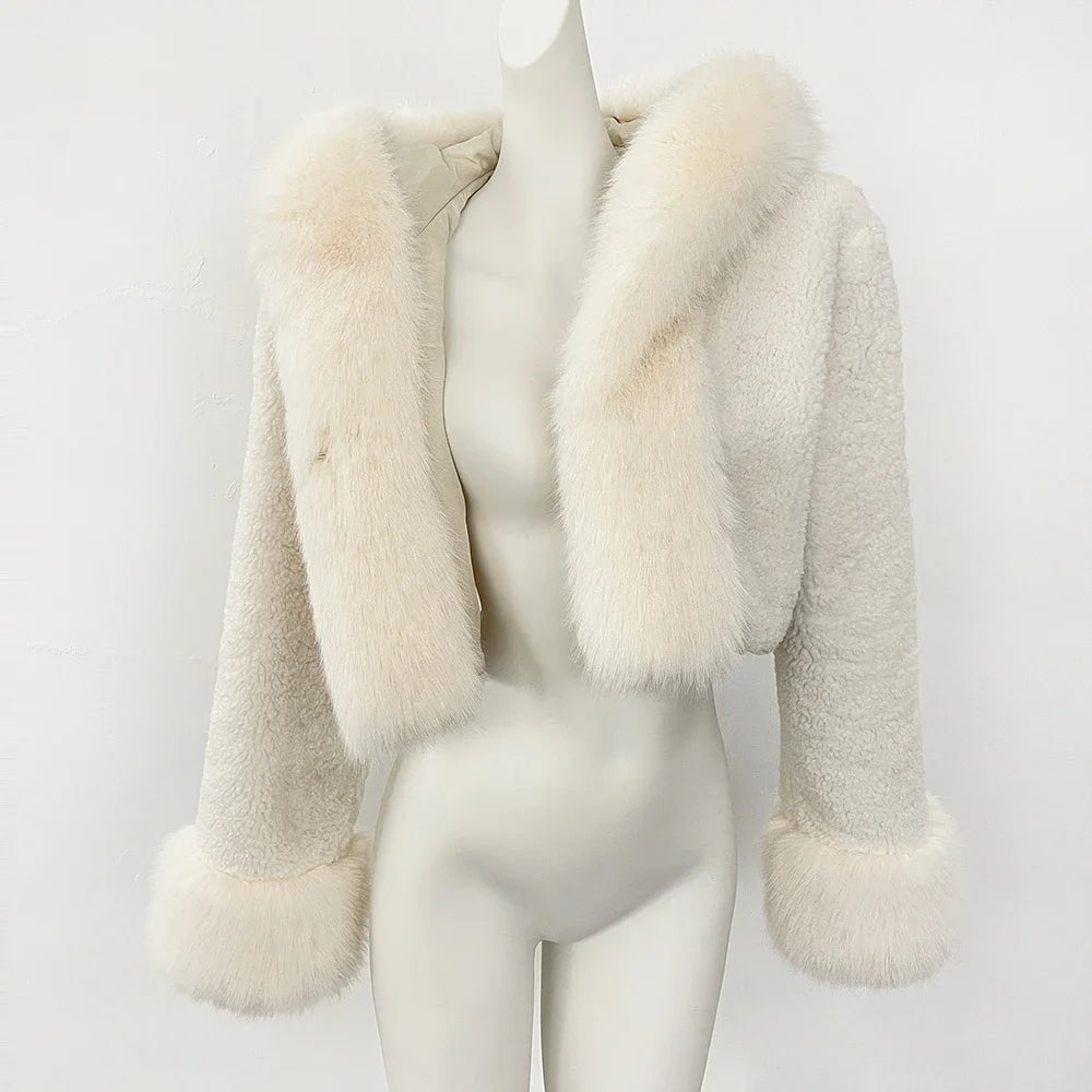 OFTBUY Lammwolle Weibliche Herbst Warme Dicke Faux Pelz Jacke Künstliche Winter Kleidung Frauen Mit Kapuze Kurze Pelzmantel Umweltfreundliche