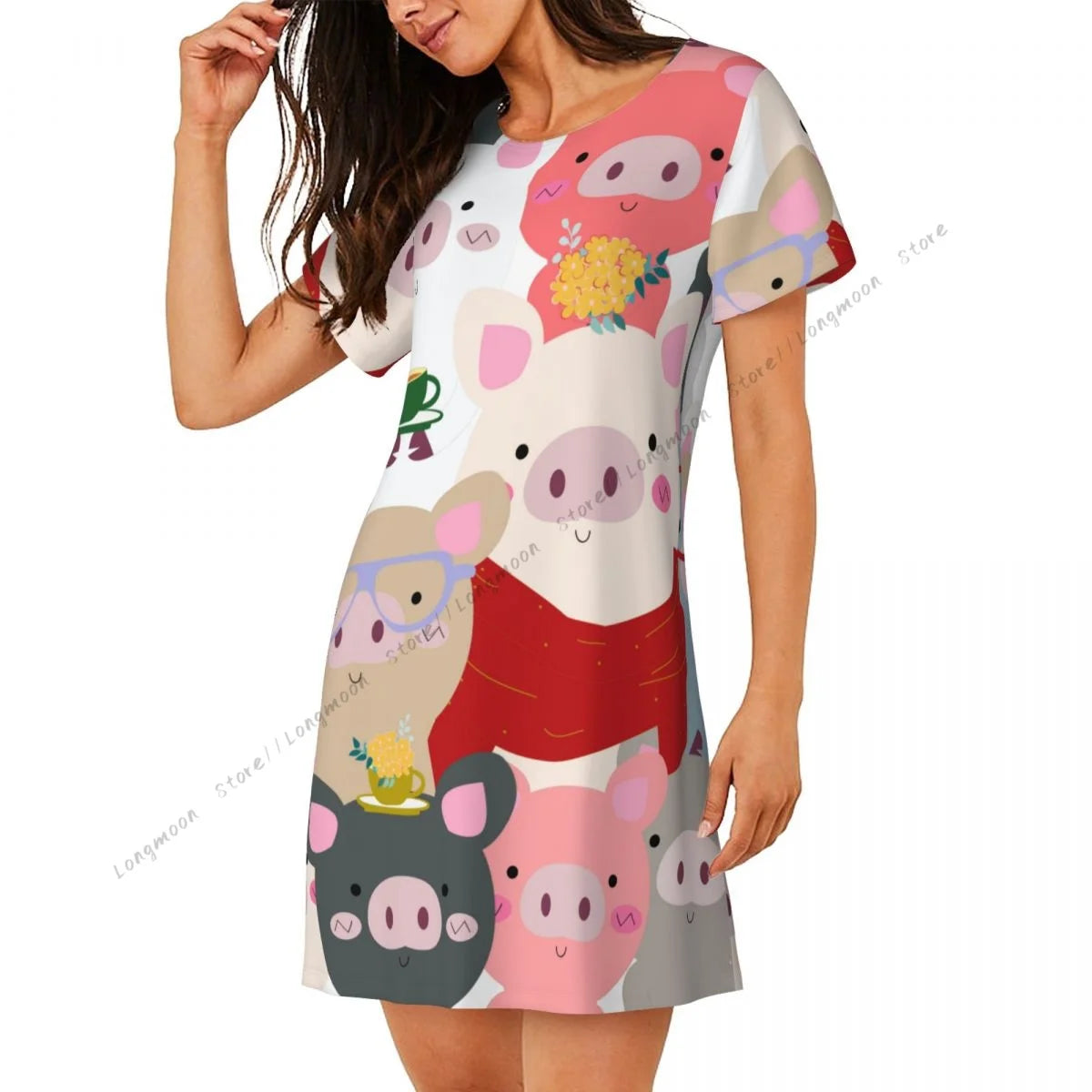 Sommer-Damen-Pyjama, Vintage-Stil, süßes Babyschwein, blau, grau, Pastell, Cartoon-Comic-Kunst, kurzärmeliges Nachthemd, dünner langer Rock, Homewear