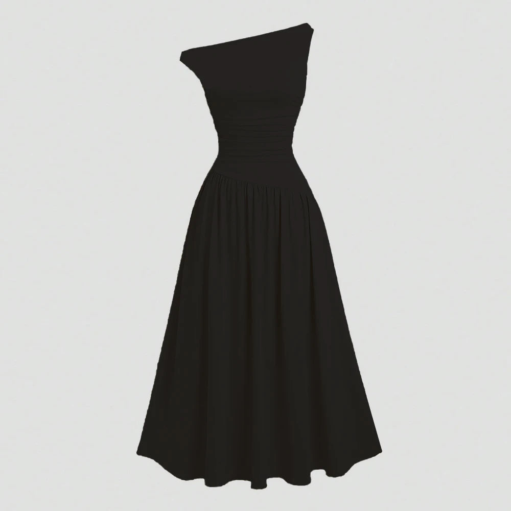 Mia Muse Kleider Sommer Französisch Einfarbig Asymmetrische Falten Ärmellose One-Shoulder Drapierte Midi Basics Kleider Für Frauen
