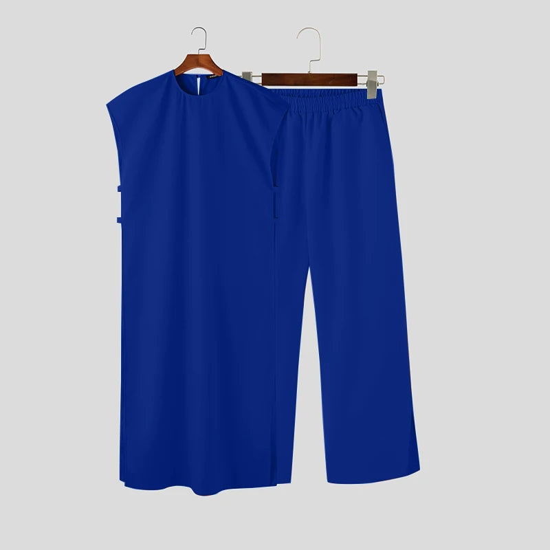 INCERUN Men Sets Muslim Clothing Saudi Arabia Solid O-neck Sleeveless Kaftan Jubba Thobe & Pants 2PCS 2024 Islamic Men's Suits.