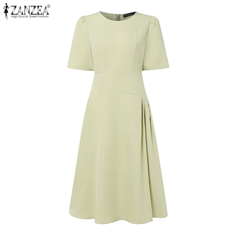 ZANZEA Elegante Büro Frauen Kleider Sommer Stilvolle Solide Party Arbeit Kleid Mode Kurzarm Plissee Vestidos Midi Sommerkleid