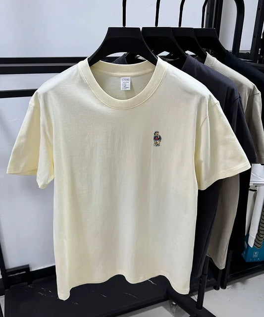Light luxury 100% cotton men's T-shirt short sleeve round neck skin friendly comfort fashion brand cartoon bear embroidered top.