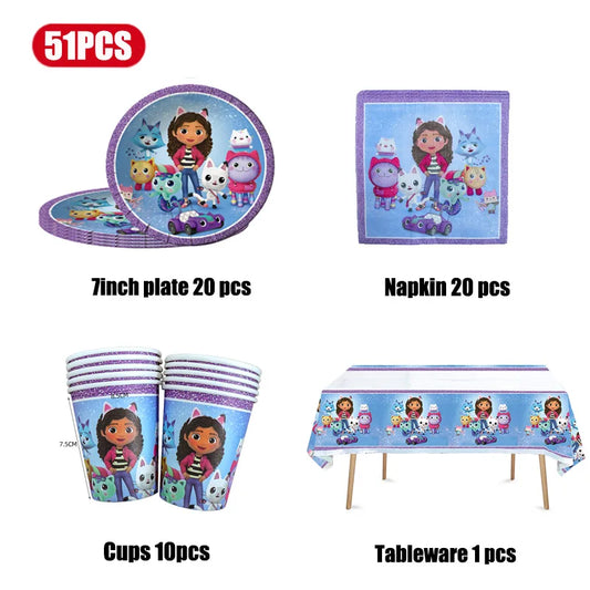 Gabby Puppenhaus Geburtstagsdekoration Geschirr Party Luftballons Tassen Teller Servietten Kit Hintergrund Banner Deko Set Geburtstagszubehör.