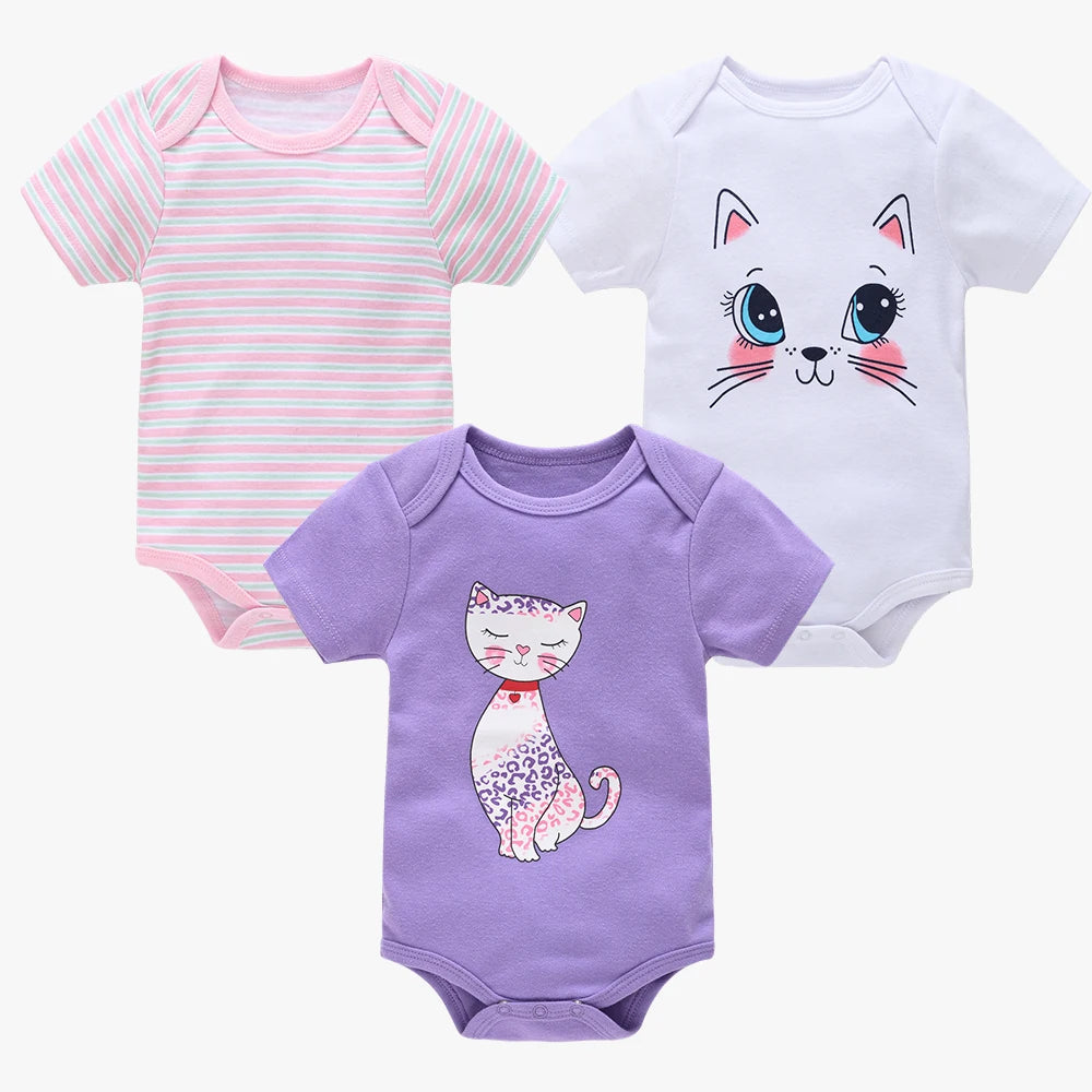 Kavkas 3-teiliger Baby-Body für Jungen und Mädchen, 0–12 Monate, kurzärmelig, Sommer-Baumwollkleidung, Cartoon-Druck, Säuglingskleidung