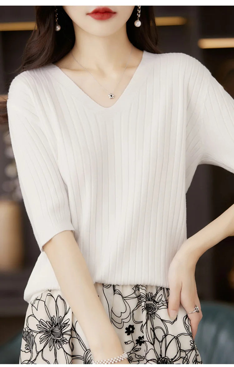 Frauen Pullover Frühling Sommer Kurzarm V-ausschnitt Strick Hemd Casual Koreanische Pullover Streifen Bodenbildung Shirt Slim Fit Jumper