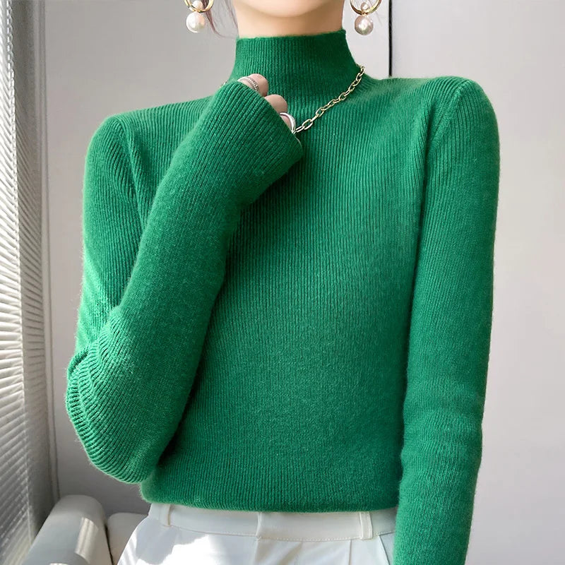 Herbst Winter Frauen Pullover Slim Fit Hohe Strecth Pullover Langarm Inneren Tragen Mock Neck Gestrickte Tops Koreanische Mode Jumper