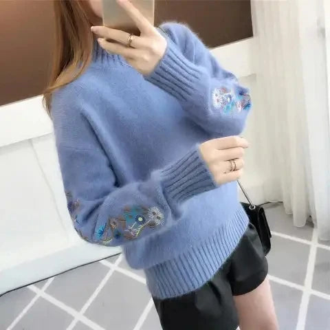 Herbst Winter 2025, neue bestickte Ärmel mit langen Ärmeln, Strickpullover, Damenbekleidung, Vintage-Allgleiches, O-Ausschnitt, lose Pullover