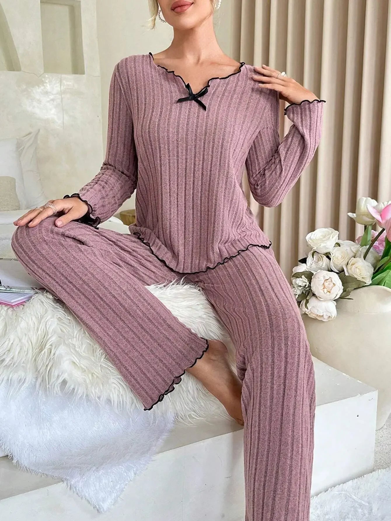 Women Autumn Winter Sleepwear Ribbed Pajamas Set Long Sleeve Top and Long Pants 2 Piece Set Casual Homewear Loungewear.