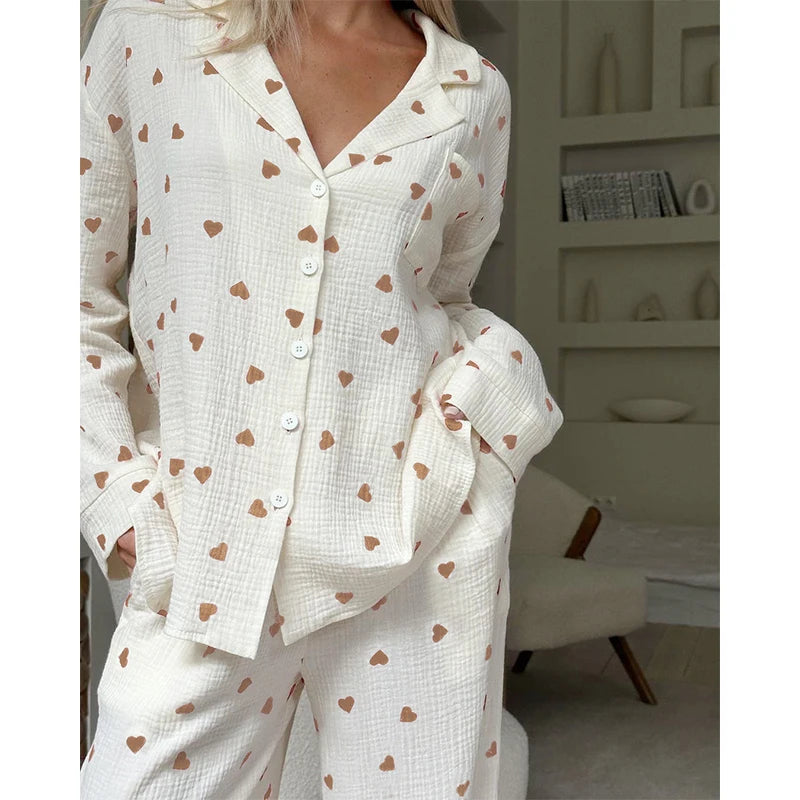 Sommer Neue Liebe Herz Druck Pyjama 100% Baumwolle Langarm Set 2Pcs Outfit Revers Nachtwäsche Taste Unten frauen pyjamas Nachtwäsche