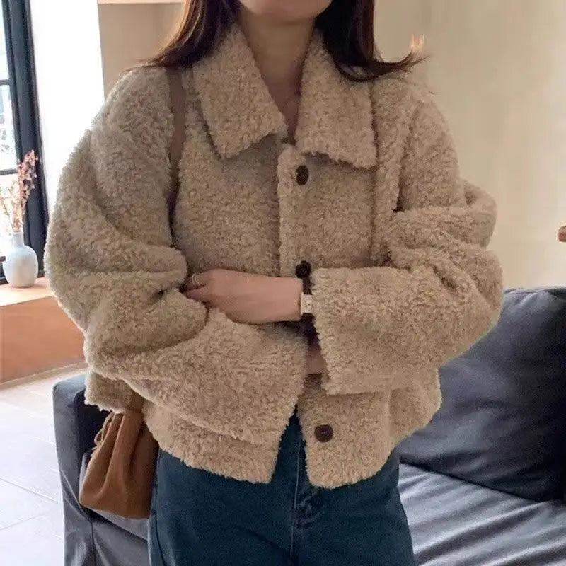Frauen Herbst Winter Doppel Fleece Warme Verdicken Jacke drehen-unten Einreiher Kurze Oberbekleidung Lose Mode Lässig Mantel