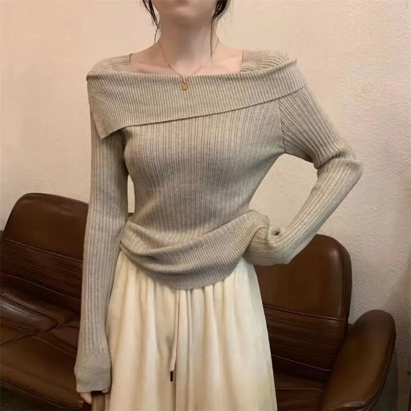 Solide Sexy Schlank Off Schulter Slash Neck Langarm Stricken Pullover Frauen Jumper Büro Mode Neue