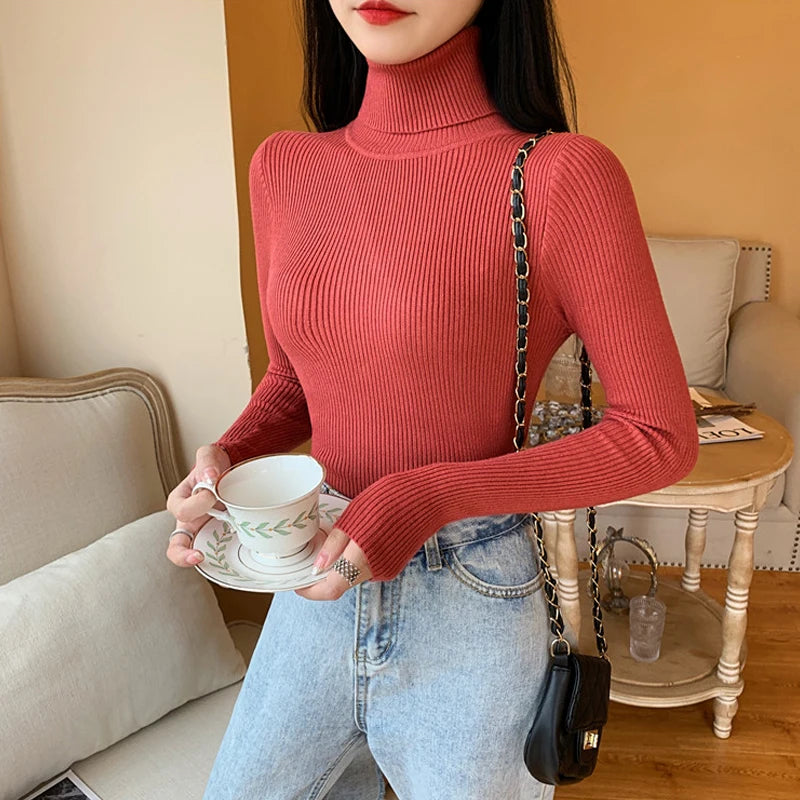 2023 herbst Winter Frauen Langarm Gestrickte Foldover Rollkragen Rippen Pull Pullover Weiche Warme Femme Jumper Pullover Kleidung