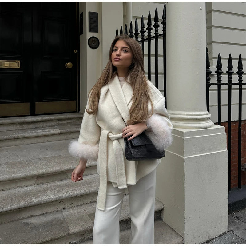 2025 Chic Revers Plüsch Mantel Mit Gürtel Frauen Vintage Feste Faux Pelz Hülse Tweed Offene Mäntel Weibliche Herbst Casual Straße outwear