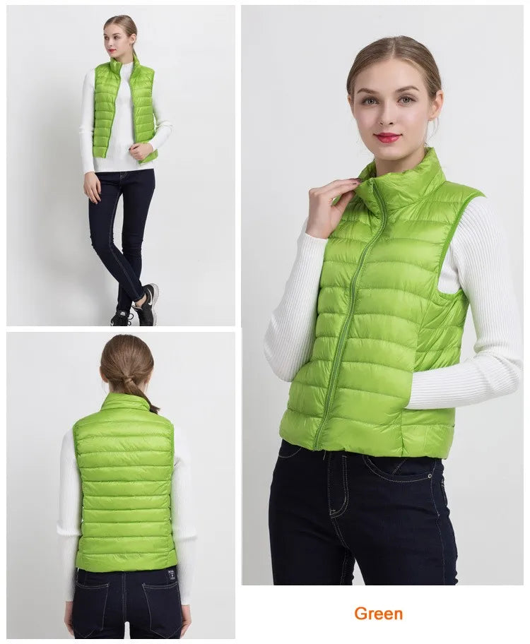 0-10 ℃ Frauen Westen Herbst Winter Ultra Licht Ente Unten Weste Weibliche Dünne Ärmellose Jacke Winddicht Warme Puffer Weste 4XL