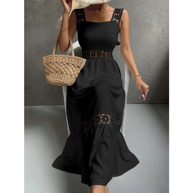 Weiße Lange Kleid Frauen Sommer Sexy Sleeveless Backless Maxi Kleider Damen Elegante Hohle Heraus Spitze Kleid Boho Sommerkleid Vestidos