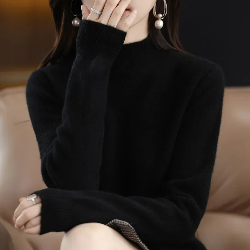 Herbst Winter Frauen Pullover Koreanische Mode Warme Bodenbildung Shirts Halb Hohe Kragen Grundlegende Strickwaren Solide Langarm Pullover