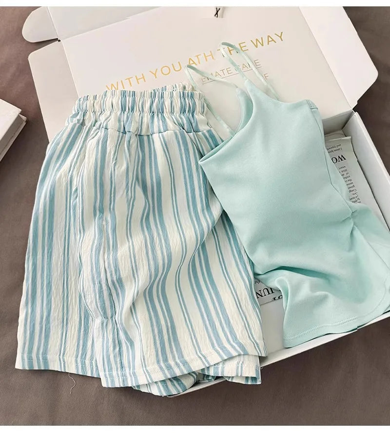 Einfarbiger Pyjama mit Brustpolstern, gestreifte Shorts für Damen, Sommer, dünne Leibchen-Shorts, Loungewear, großer Pyjama, zweiteiliges Set