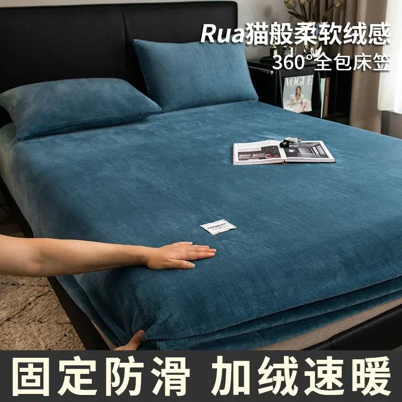 Warm Plush Fitted Sheet Elastic Mattress Cover Fluffy Velvet Fleece Bed Linen Couple Thermal Double Bed Not Included Pillowcase