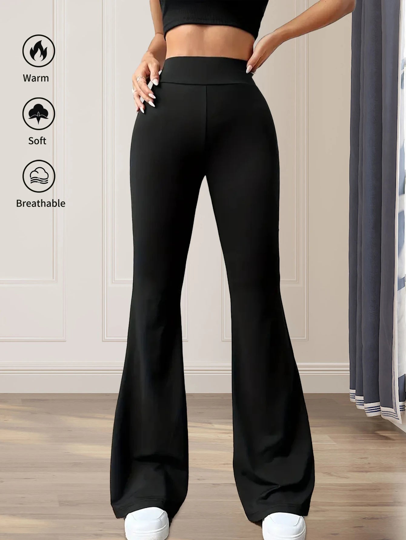 Eng anliegende Schlaghose für Damen im Frühling und Sommer mit hoher Taille, lange schwarze Hose mit schmalem Bein, dünne Hose mit weitem Bein für schlanke Frauen