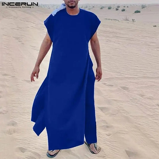 INCERUN Men Sets Muslim Clothing Saudi Arabia Solid O-neck Sleeveless Kaftan Jubba Thobe & Pants 2PCS 2024 Islamic Men's Suits.