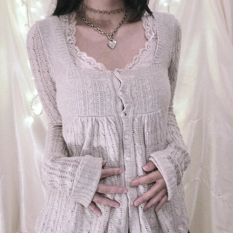 2000er Jahre Vintage Langarm Babydoll Strickpullover Tops Cottage Milkmaid Pullover Ästhetische Grunge Y2k Strickwaren T-Shirts Damen