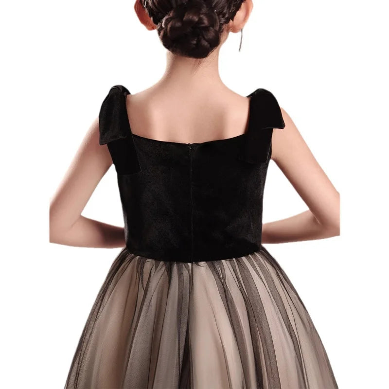 Kinderkleid Mädchen Mode Klavier Violine Performance Kleid Schwarz Samt Mesh Host Chor