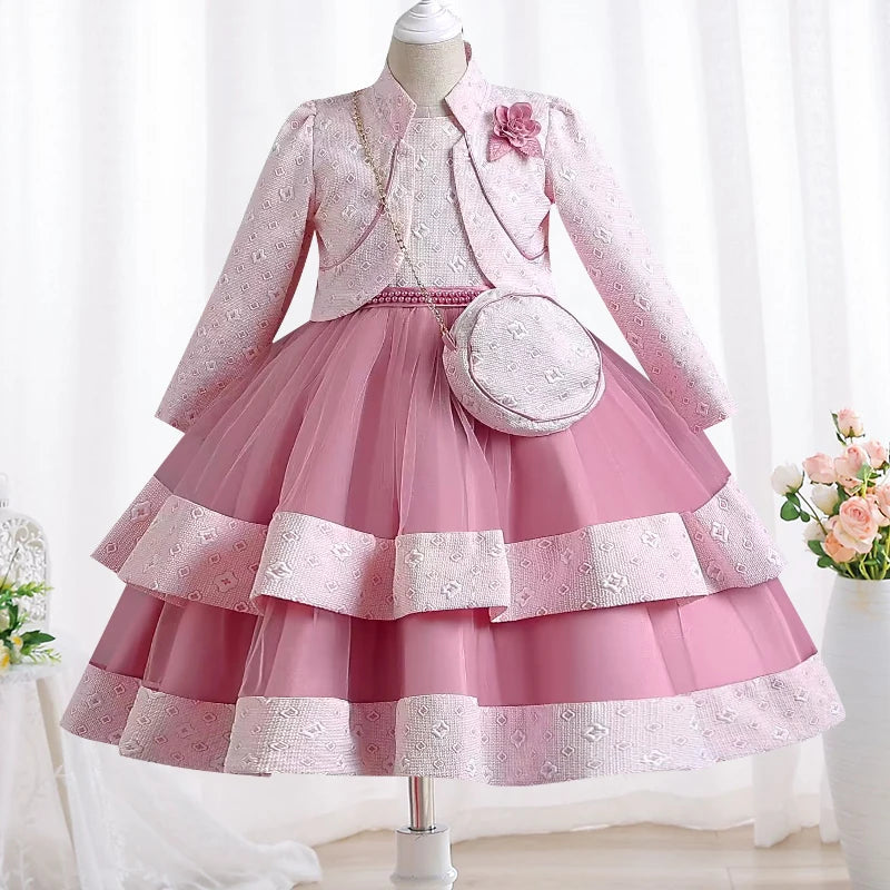 Neues Mädchenkleid, zweiteiliges Set, 3–10 Jahre alt, wunderschönes Weihnachts-Performance-Kleid, Herbst-Party-Abschlussballkleid für Mädchen