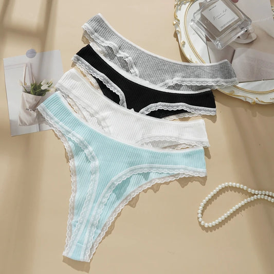 3PCS Sexy Low Waist Panties Women Lace Trim Solid Color Briefs M-XL Breathable Comfortable Lingerie Female Rib Cotton Underwear.