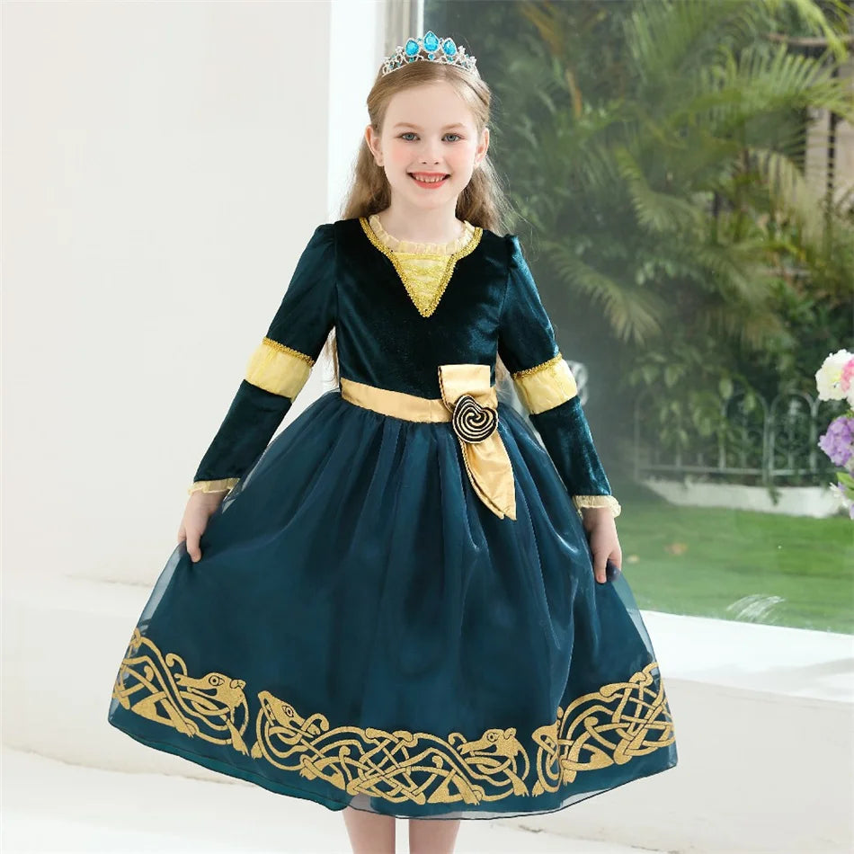 Girls Merida Cosplay Princess Dress Children Stage Performance Clothes Kids Halloween Carnival Party Long Sleeves Outfits