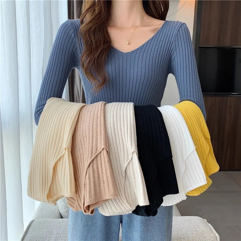 2025 einfarbig Schlank Pullover Koreanische Herbst Winter V-ausschnitt Pullover Mode Lässig Langarm Gestrickte Pullover Frauen Kleidung
