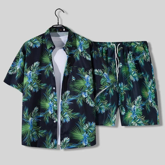 Shopee Popular Men's Loose-fit Hawaiian Vacation Beach Shirt Shorts Set Summer Casual Comfortable Clothing.