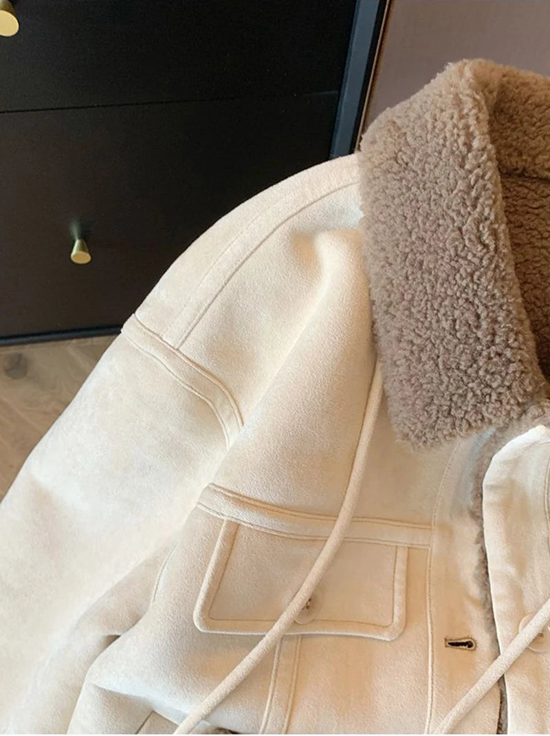 Wildleder Samt Lamm Jacke Frauen Herbst Winter Dicke Warme Turndown Kragen Mantel Y2K Lose Streetwear Alle Spiel Langarm Outwear