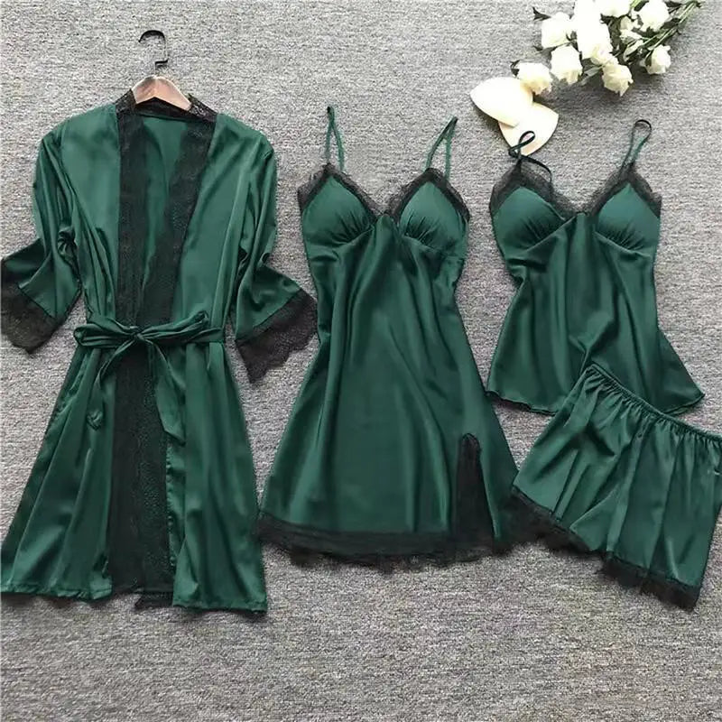 4PCS Nachtwäsche Pyjamas Set Seide Frauen Nachthemd Spitze Kleid Robe Schlaf Nachtwäsche Seide Einfarbig Pijama Sets