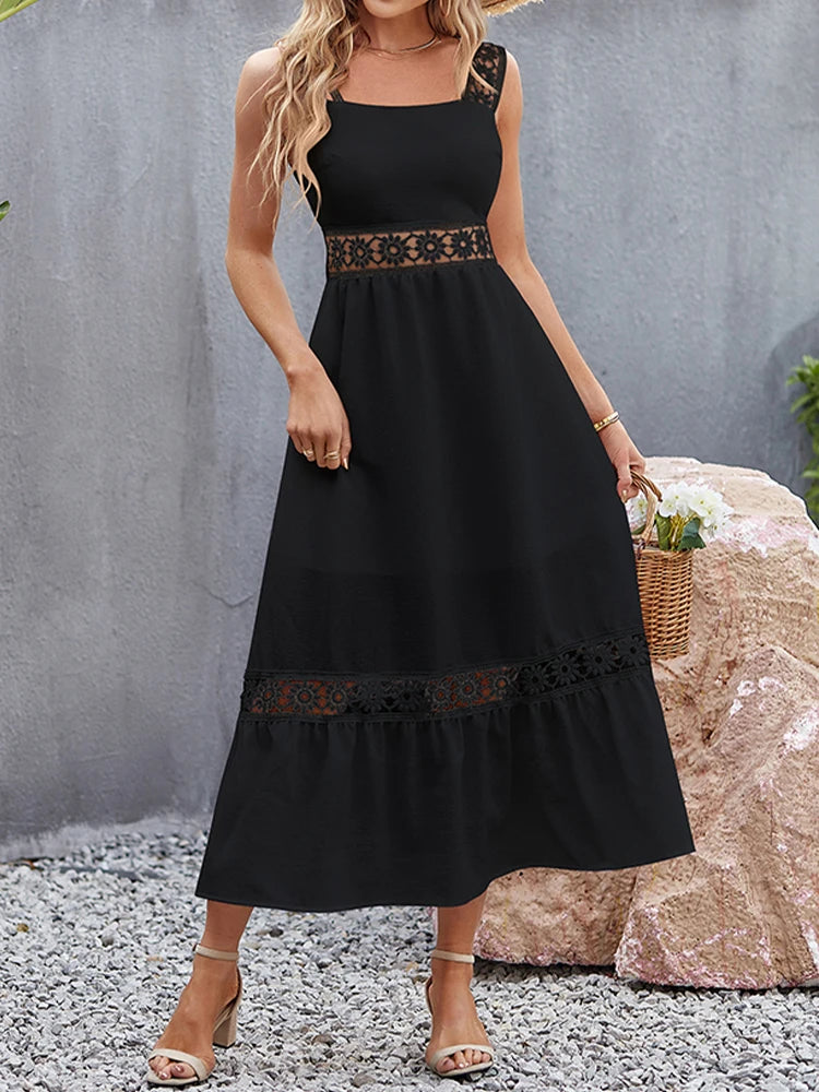 Weiße Lange Kleid Frauen Sommer Sexy Sleeveless Backless Maxi Kleider Damen Elegante Hohle Heraus Spitze Kleid Boho Sommerkleid Vestidos