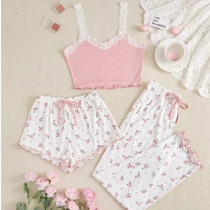 Rosa Spitzen-Patchwork-Pyjama-Set mit V-Ausschnitt für Damen, Nachtwäsche, sexy Nachthemden, Cami-Top, bedruckte Shorts, weiche Pyjamas, Loungewear
